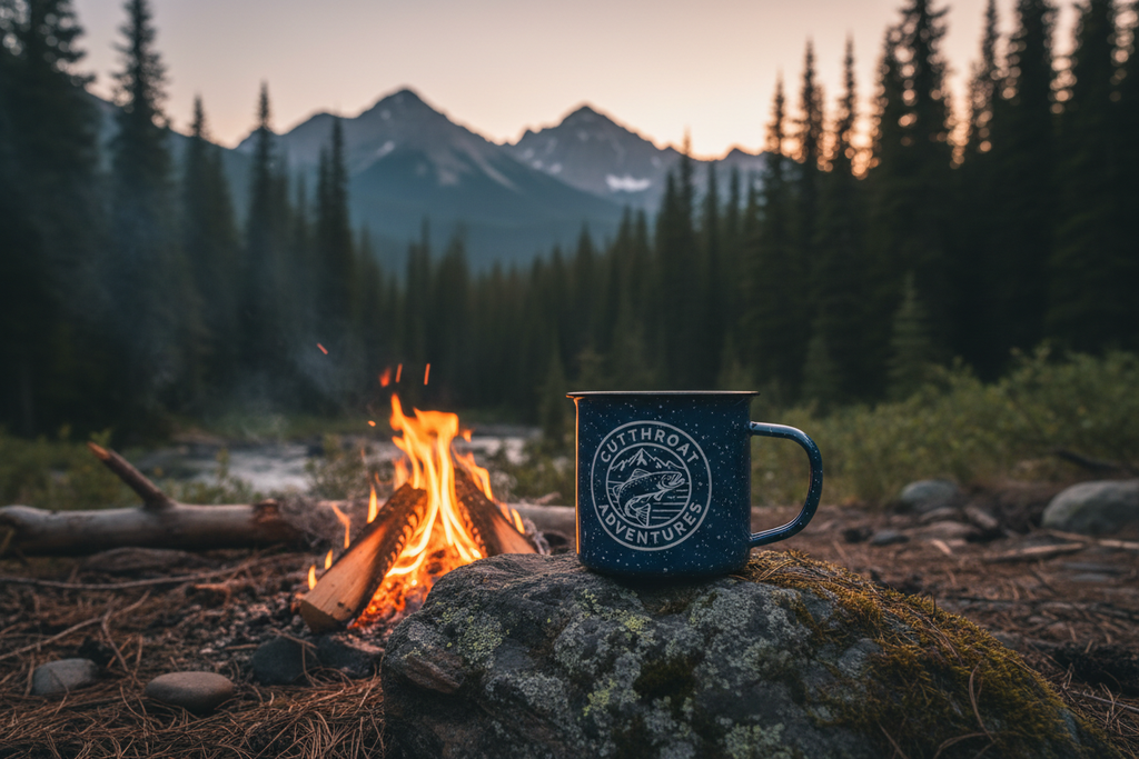 Cutthroat Adventures enamel camping mug beside a crackling campfire with mountains and pine trees in the background