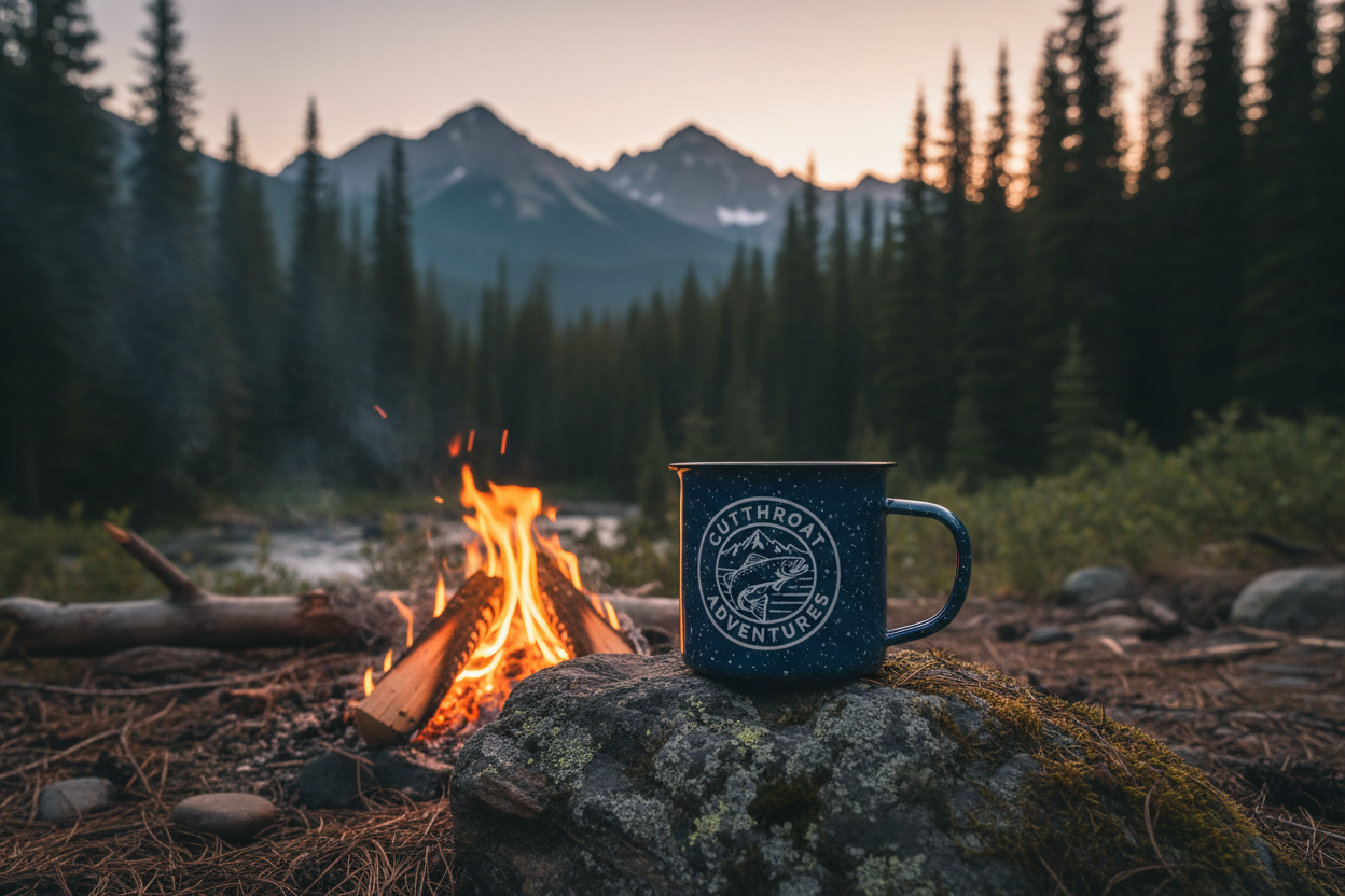 Cutthroat Adventures enamel camping mug beside a crackling campfire with mountains and pine trees in the background