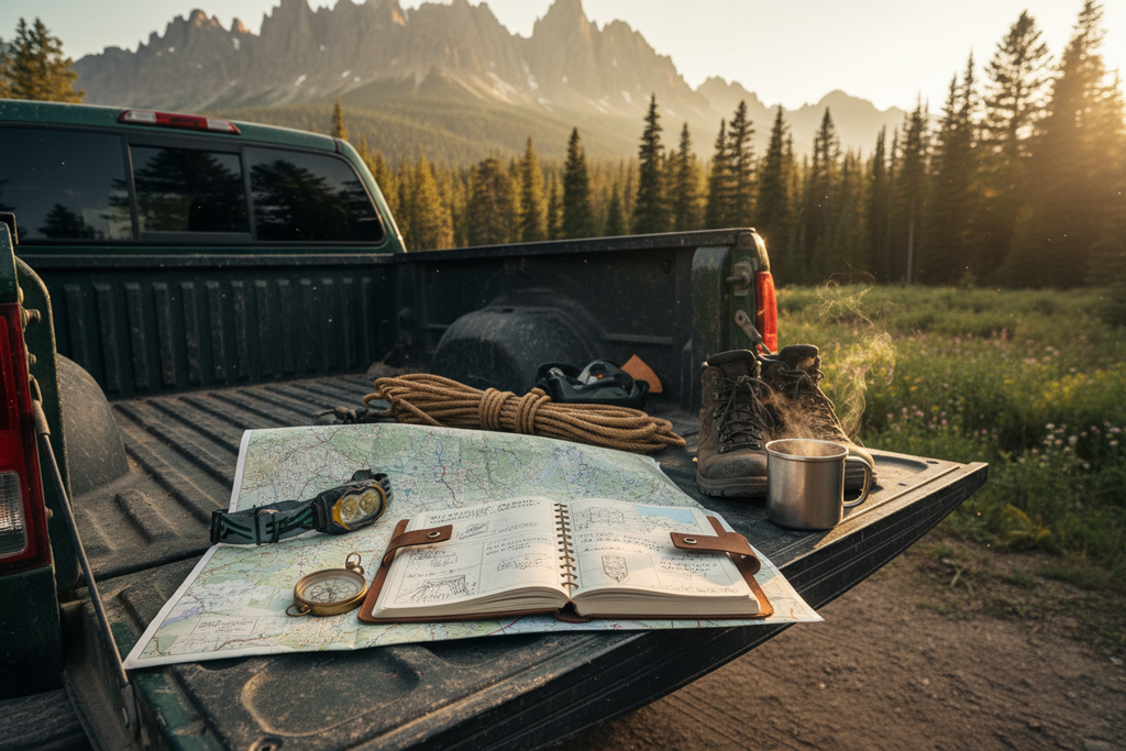 Ultimate Overland Planner open on a truck tailgate with a topographic map, compass, and camp mug at golden hour